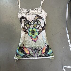 Boho Crochet-Trim Floral Spaghetti Strap Tank Top - White with Multicolor Print